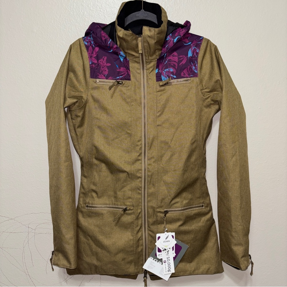 Tan Water Resistant Warm Jacket with Purple Floral Design